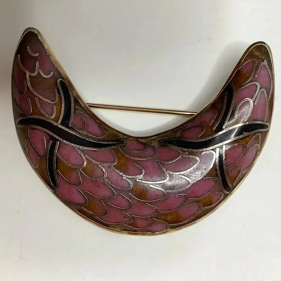 VINTAGE Half Moon Cloisonné Statement Brooch - Picture 3 of 10